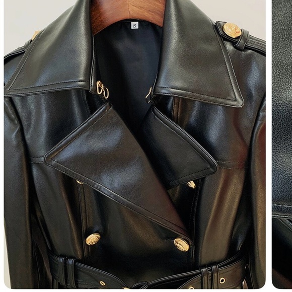 Black and gold button leather trench coat - Picture 6 of 6